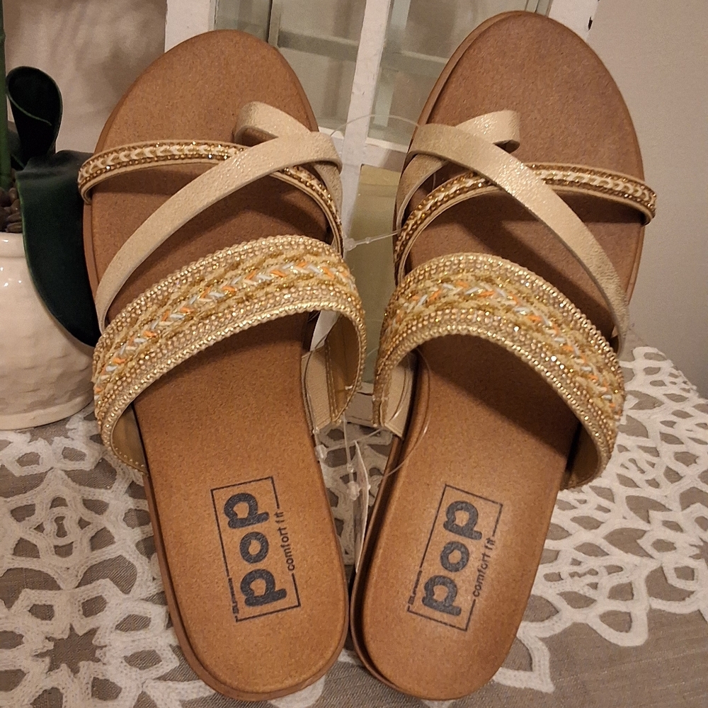Pop Women's NWT, 8 Medium,Tan and Gold Sandals - Picture 9 of 9
